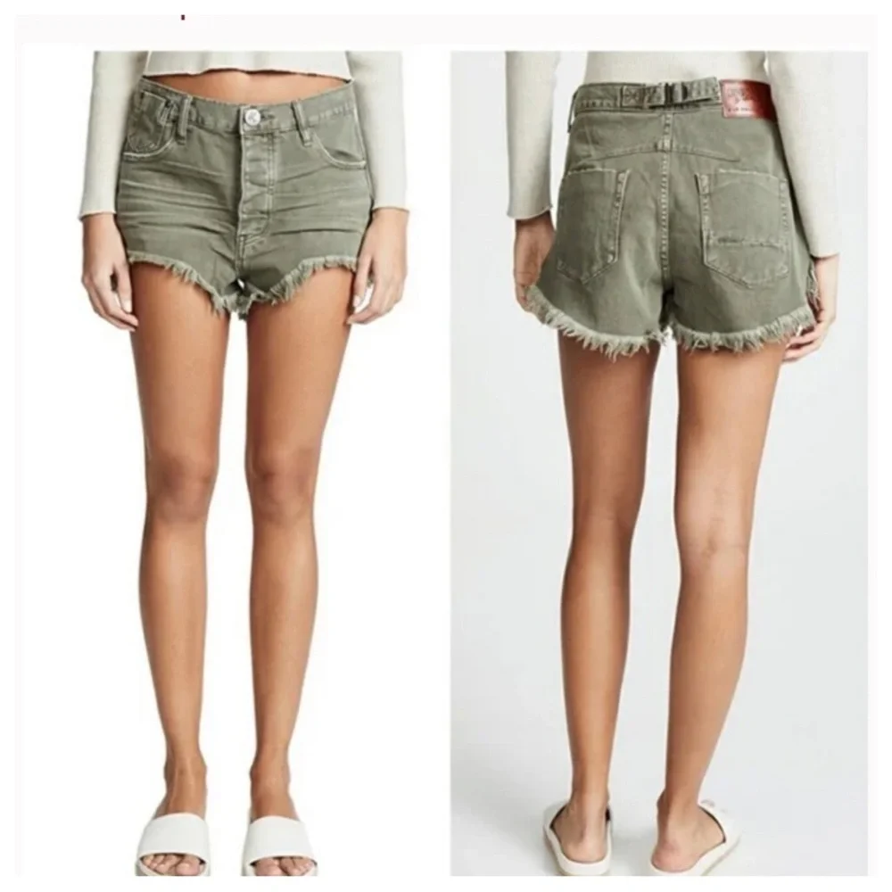 One Teaspoon Raw Hem High Rise Army Green Denim Shorts